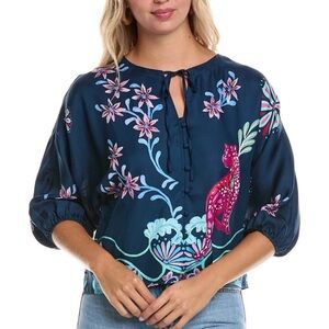 Johnny Was Jade Harlyn Button Front Silk-Blend Blouse Blue Women's Medium